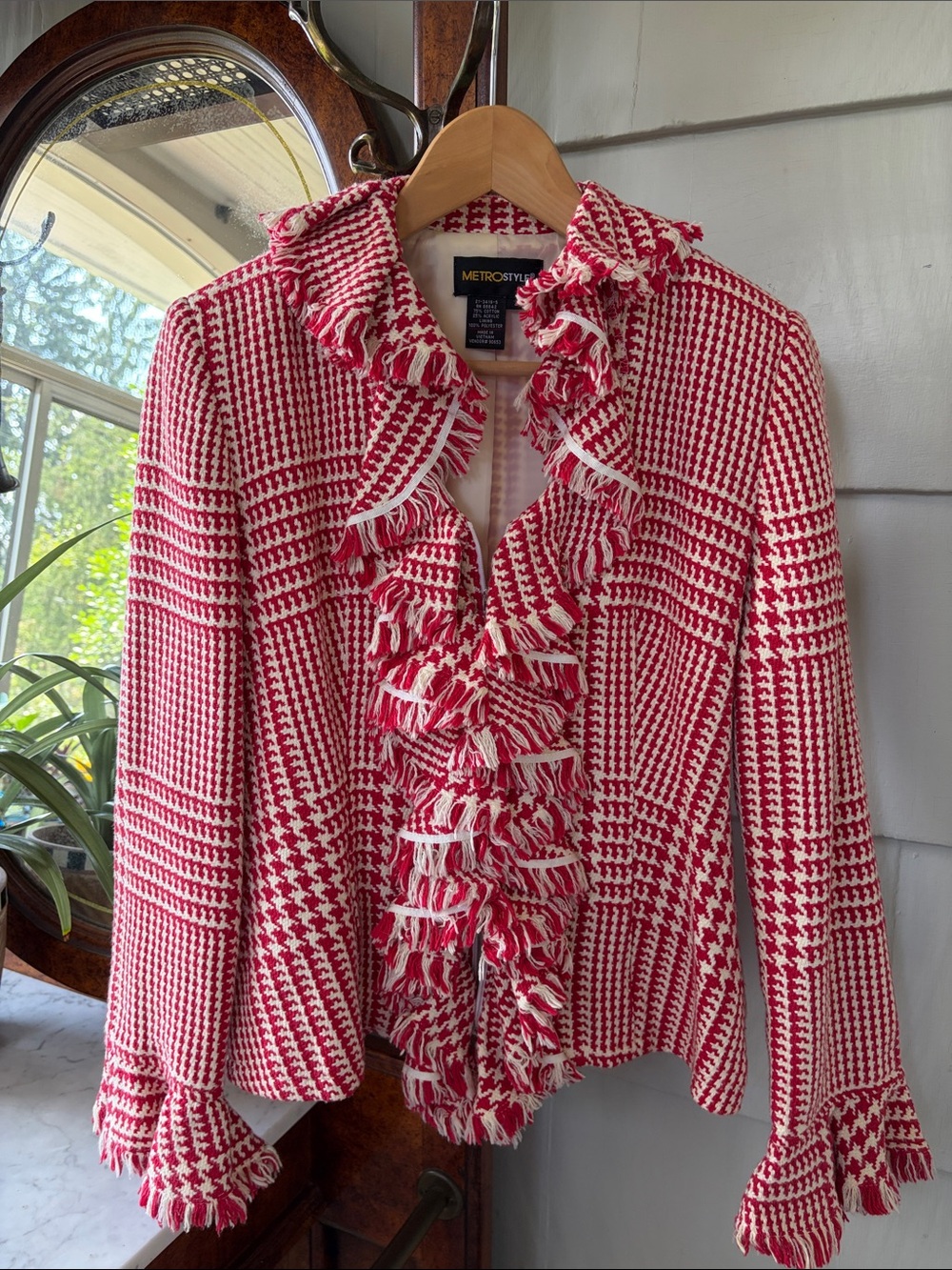 Vintage metrostyle Red & Ivory Fringed Ruffle Jacket Herringbone
